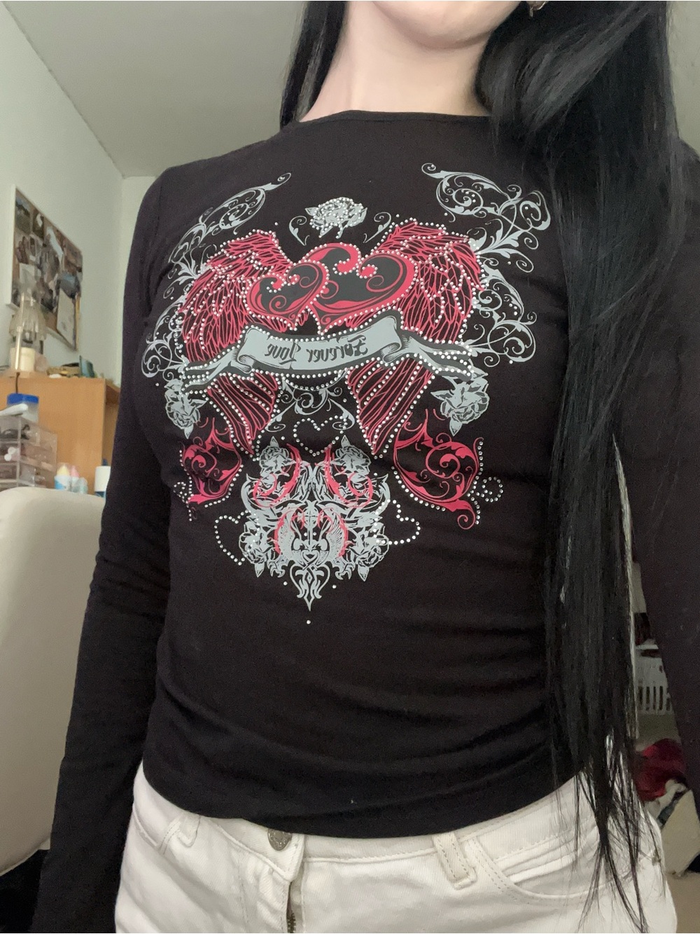 Black Alt Long-Sleeve Graphic Tee with Red and Silver Crest